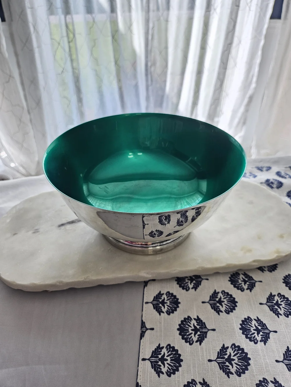 VTG Newport Gorham Silverplate Teal Green Enamel Lined Paul Revere Bowl 8.5